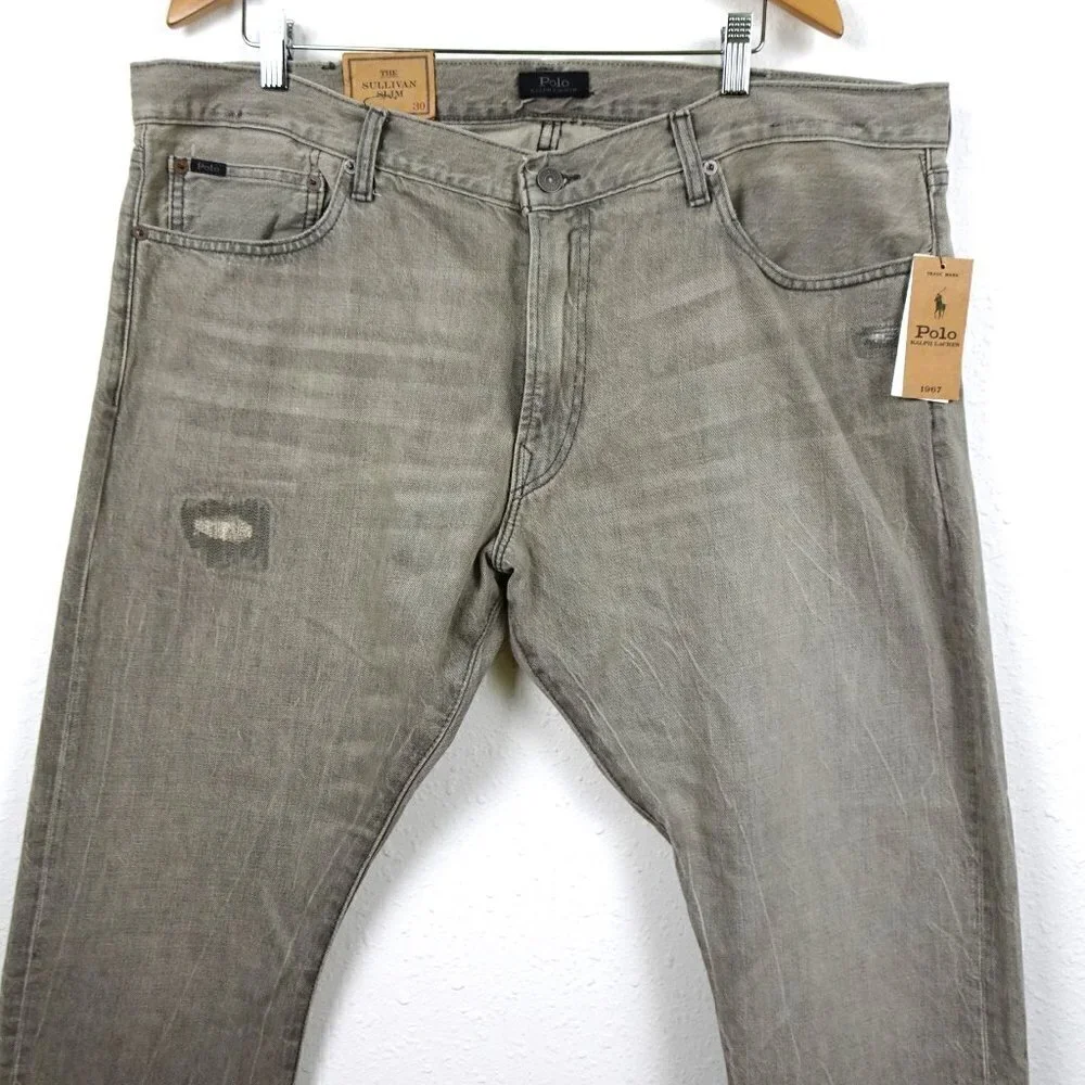 Polo Ralph Lauren Jeans Men's 40x30 Sullivan Slim Distressed Repaired Gray Denim